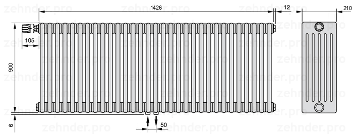 Схема (чертеж) Радиатор Zehnder Charleston 6090/31 №V007 Белый глянцевый RAL 9016